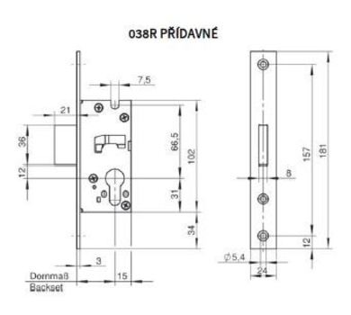 Zámek přídavný se střelkou, D35/U24x6mm/L+P/N1  (038R/0016)